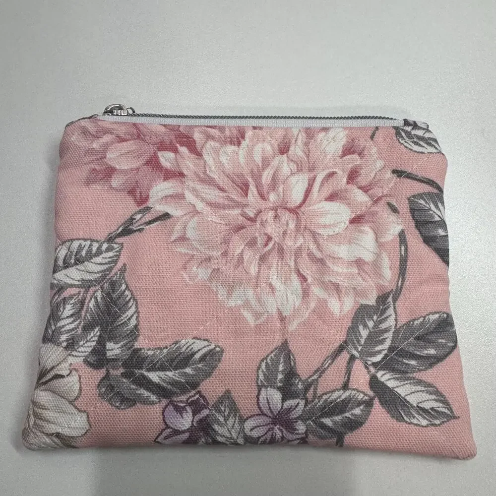 Quilted Pink Floral Tote Bag Denim Accent : Matching Zipper Pouch Included